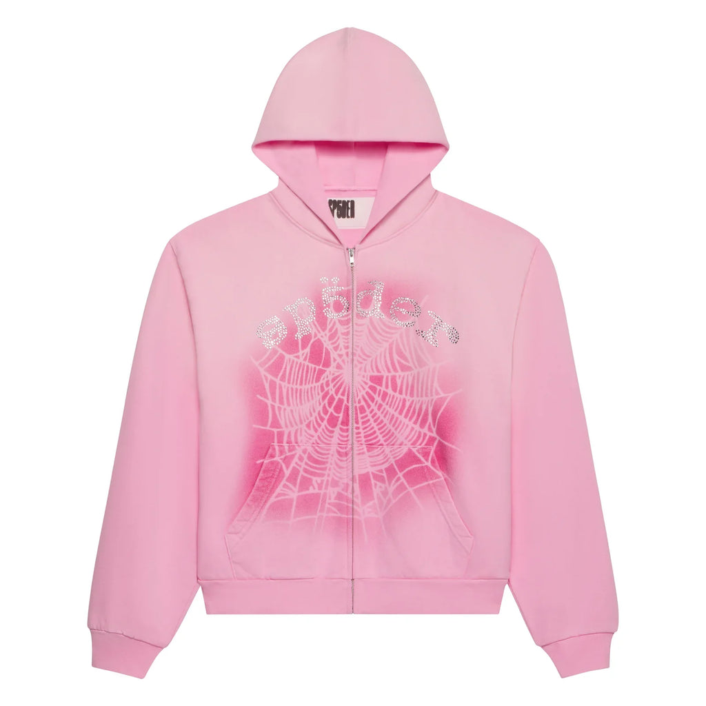 Sp5der Worldwide OG Web V2 Spray Zip Hoodie Pink